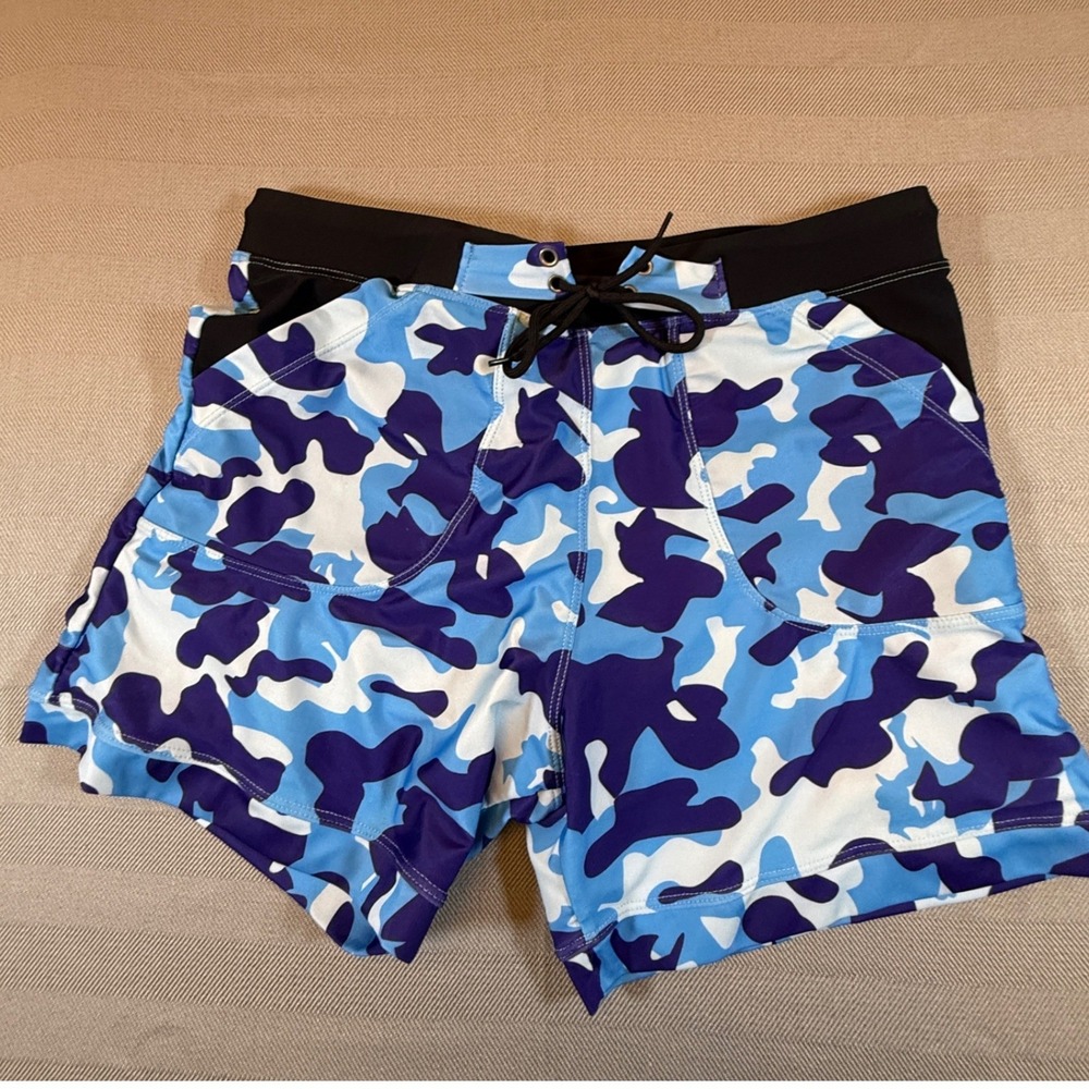 Coofandy Mens Blue Camo Swim Trunks Size L Drawstring Athletic Board Shorts
